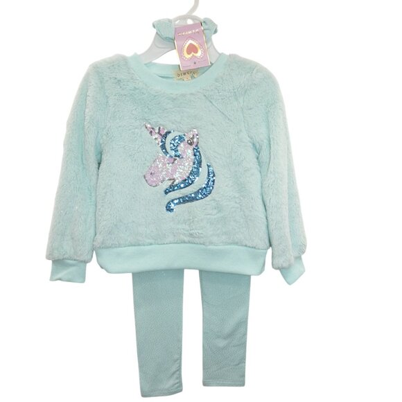 btween Girls Blue Unicorn Outfit Set 3pc Fuzzy Top Sparkle Leggings & Scrunchie - Picture 1 of 8